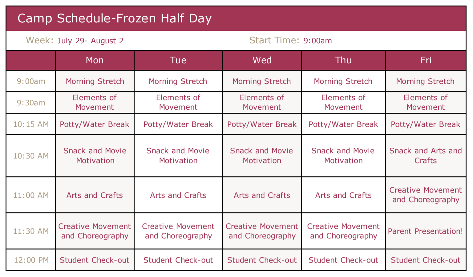 Frozen Half Day Schedule